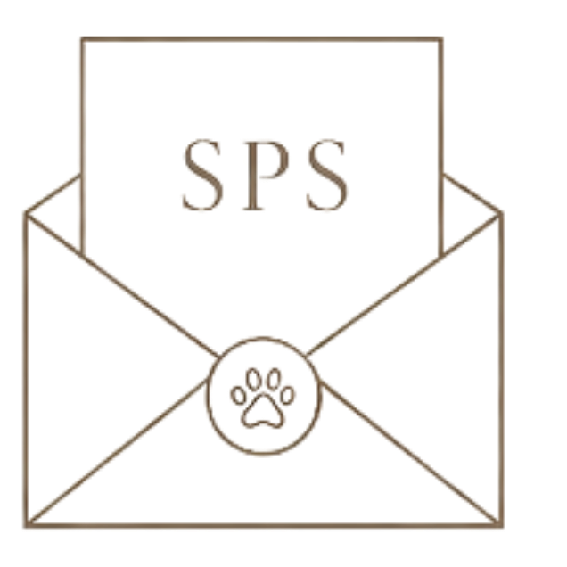 A minimalist brown line icon depicting an open envelope with a document labeled 'SPS' and a paw print seal, centered on a solid white background.