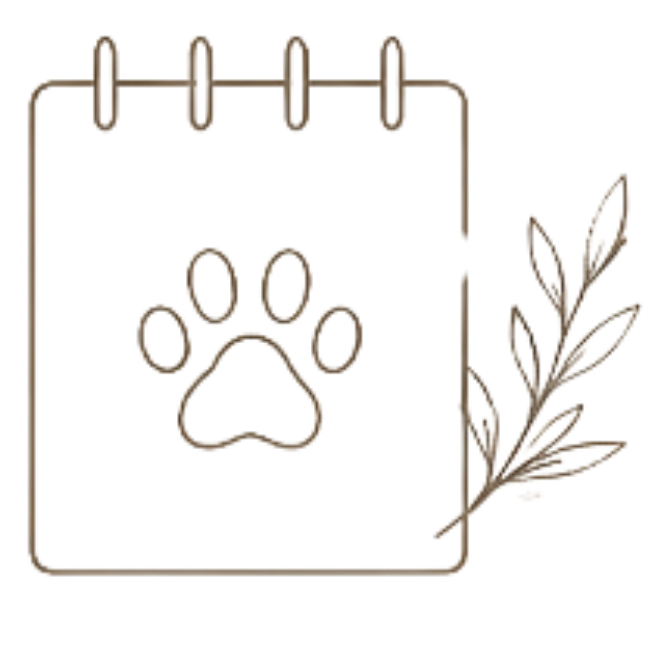 A minimalist brown line art icon of a spiral-bound notebook with a paw print on the cover and a small leafy sprig, centered on a plain white background.