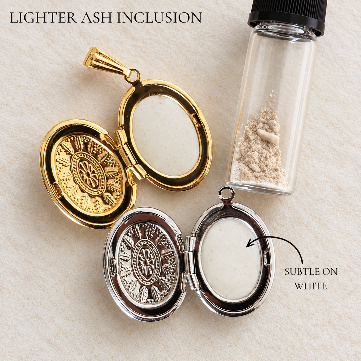 Two oval locket-style photo frames shown open on a light textured background, one gold-toned and one silver-toned, with a small clear vial of powder beside them. Text reads 'LIGHTER ASH INCLUSION' and 'SUBTLE ON WHITE.