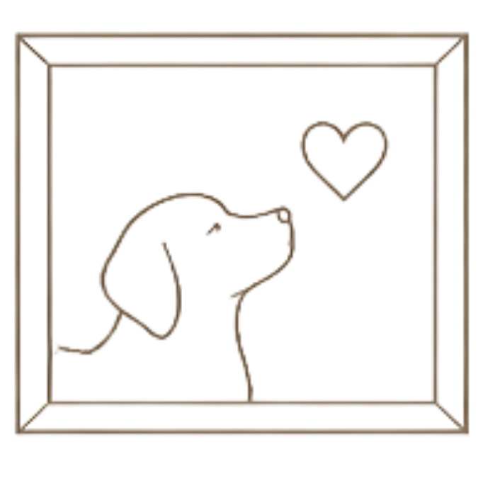 A minimalist line art illustration of a dog looking up at a small heart inside a square frame, shown on a plain white background.