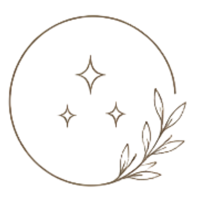 A minimalist brown line art logo or emblem featuring a partial circle, three sparkles, and a leafy branch on a solid white background.