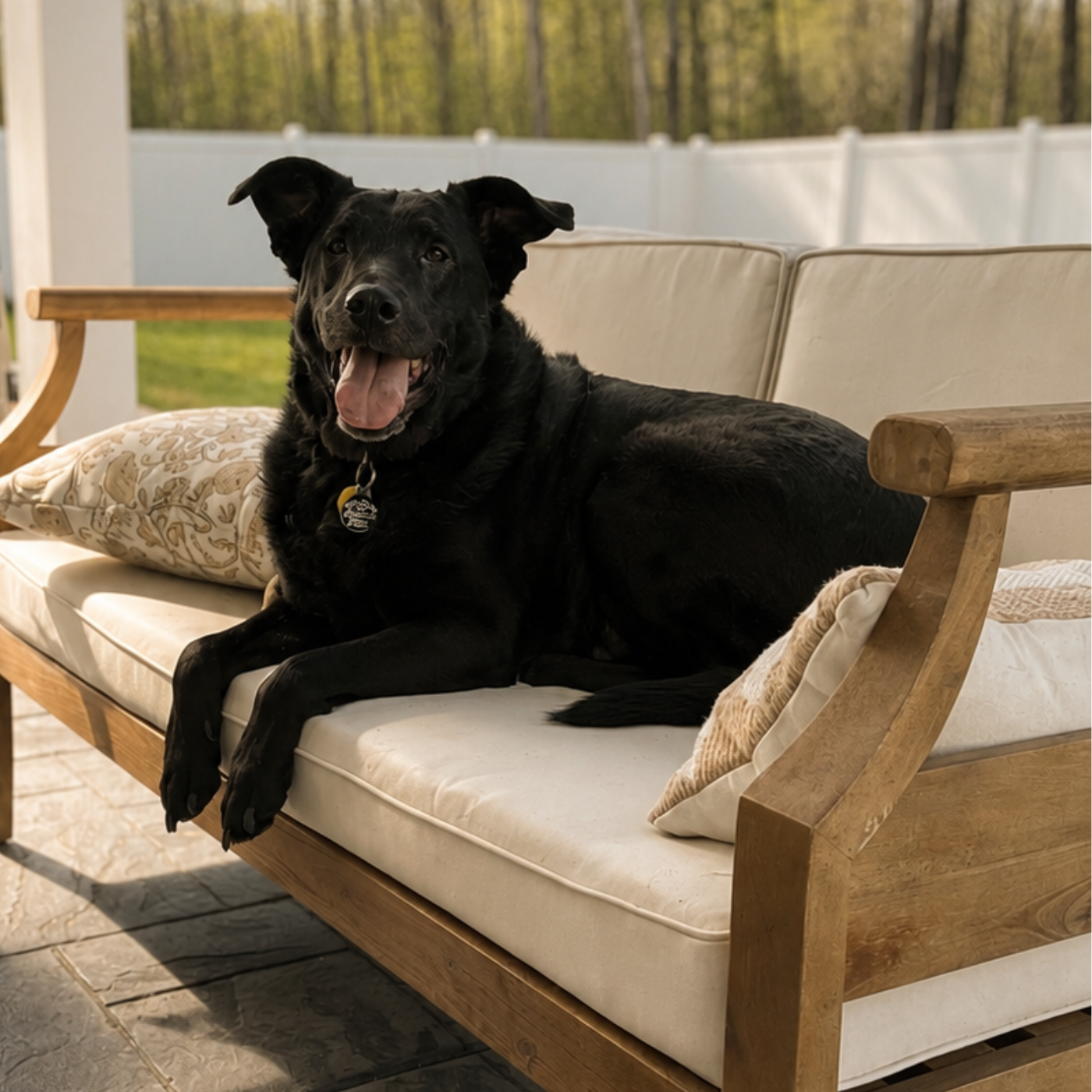 A black dog lying on a wooden outdoor loveseat with cream cushions on a patio, with a white fence and trees in the background.