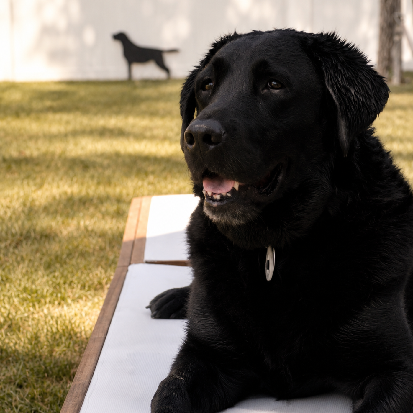 A black Labrador retriever lying on a white mat outdoors on a grassy lawn, with a small dog silhouette visible in the background against a light wall.